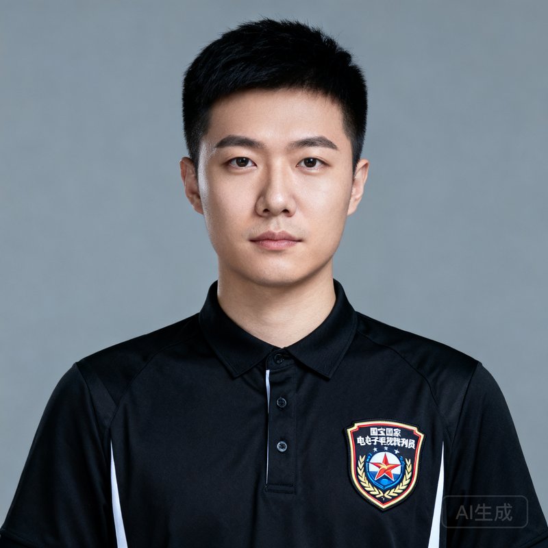 陈远舟，多宝电竞联合创始人兼首席裁判官，身着黑色裁判制服，胸前佩戴国家电子竞技裁判员徽章，表情沉稳自信