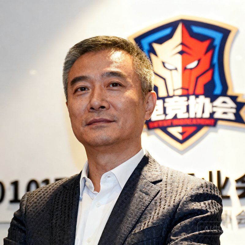 张昊，多宝电竞仲裁委员会主任，中年男性，正装出席行业会议，背景为电竞协会标志墙